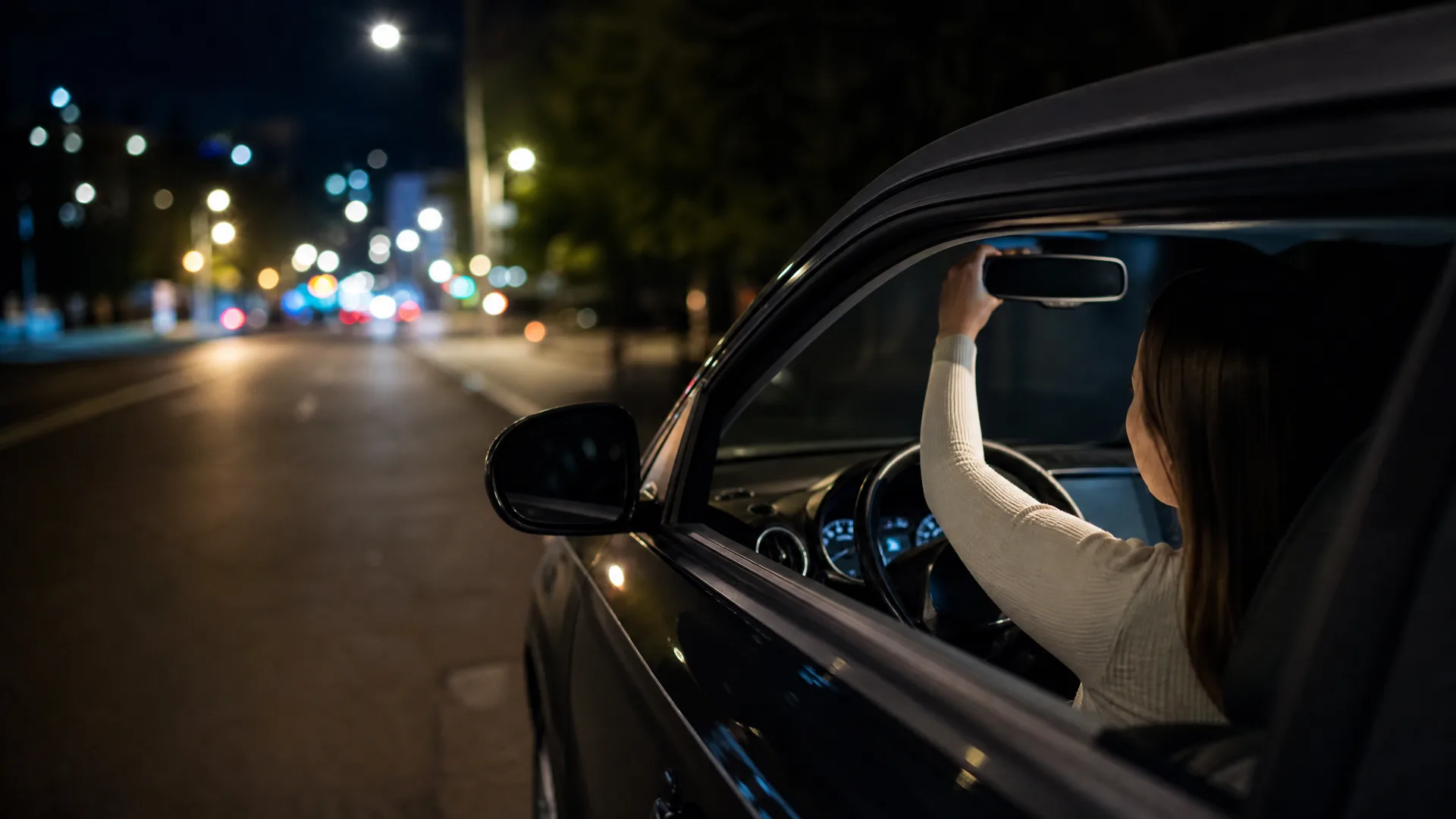 A woman with long hair sits in the driver's seat of a car at night, reaching up to adjust the rearview mirror, with a street of blurred lights visible through the open window.
